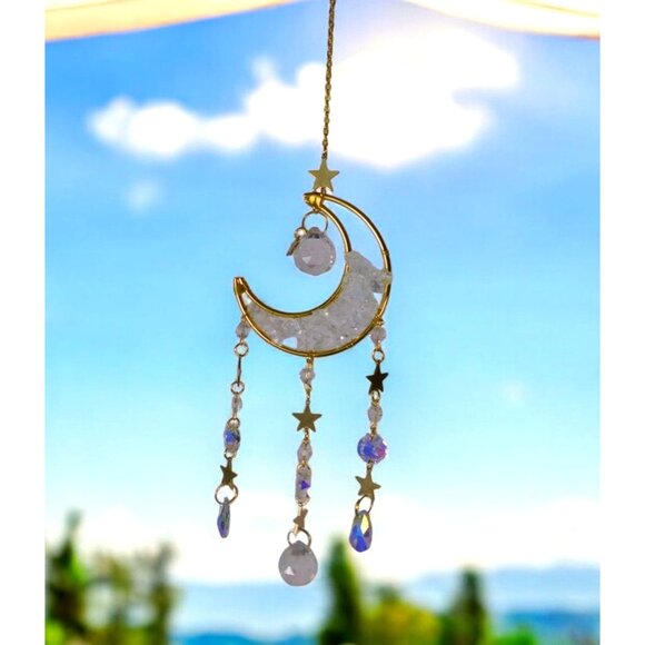 Celestial Crescent Moon Crystal Suncatcher 13.4” x 2.75” Window Prism - Picture 1 of 10